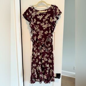 Max Studio, Medium Burgundy Floral Print Waist Tie Dress